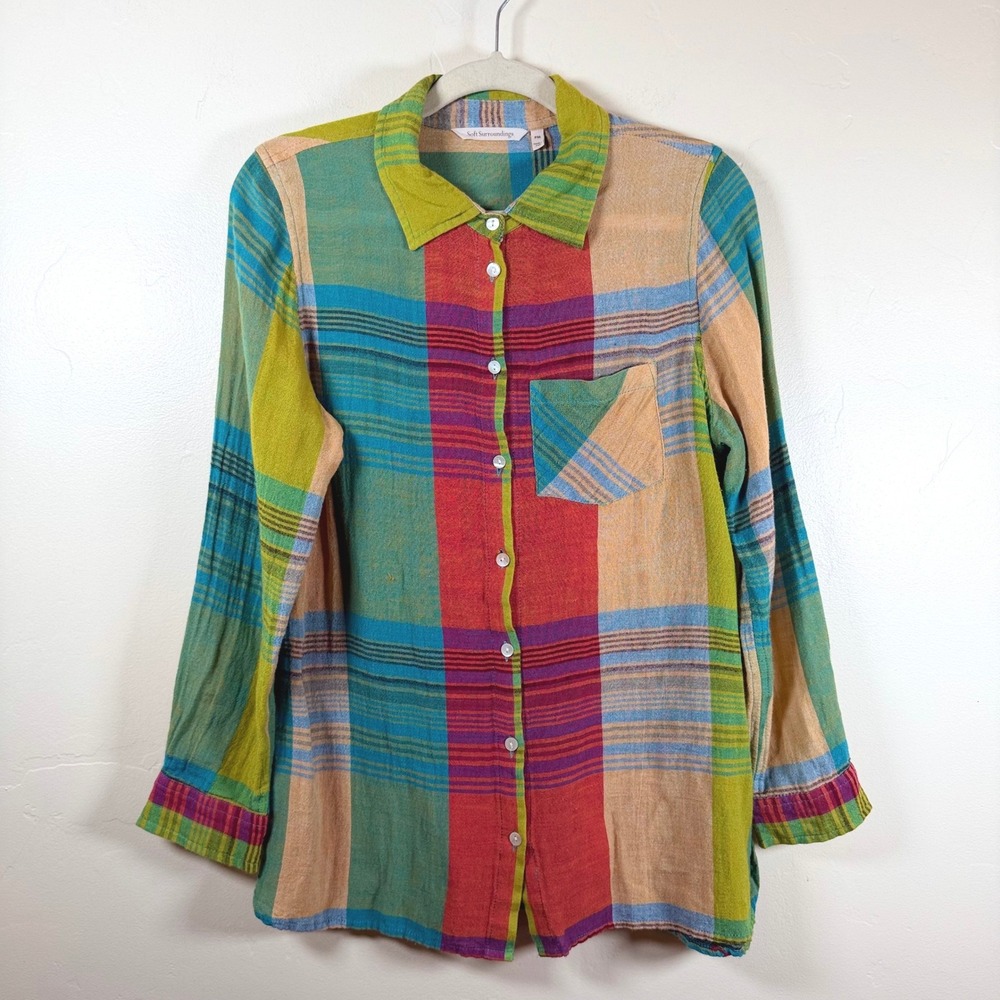 Soft Surroundings Patchwork Plaid Embroidered But… - image 1